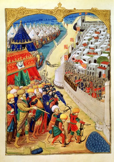 De Turkse troepen bereiden zich voor op de slag buiten de muren van Rhodos in 1480, uit 